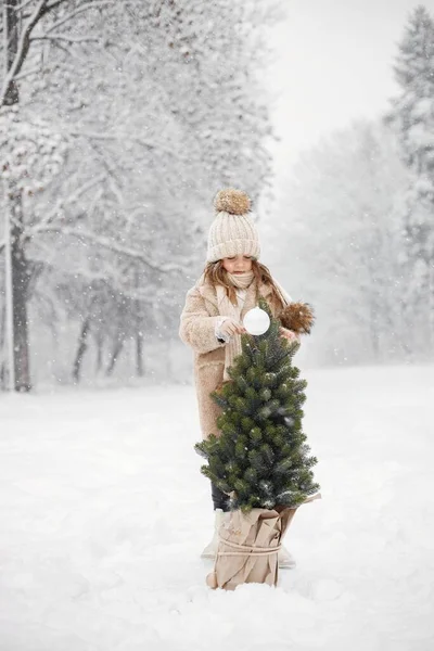 冬天的时候 小女孩站在室外 小女孩站在一个罐子里的小圣诞树边 穿冬衣头戴针织帽子的女孩 — 图库照片