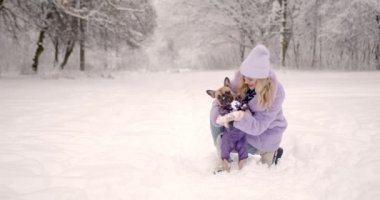 Mor eko ceketli şık bir sarışın. Kışlık bir parkta oynayan Fransız bir bulldog. Şehir dışında bir evcil hayvanla aktif bir hafta sonu..
