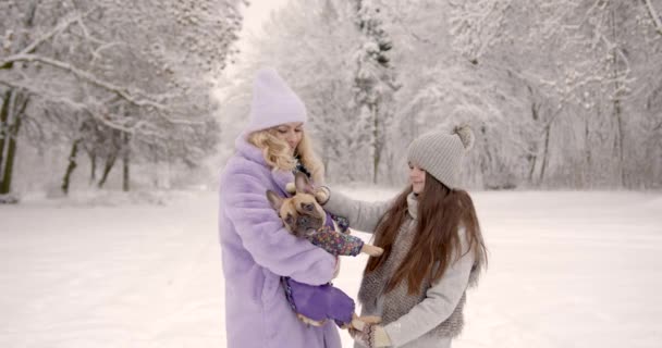Mãe Filha Casacos Ecológicos Inverno Brincando Com Cão Parque Nevado — Vídeo de Stock