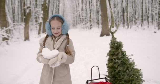 Little Girl Playing Winter Forest Snowy Landscape — Stock Video