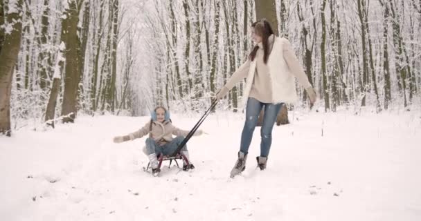 Parkta Aile Kış Eğlencesi Anne Kızı Kışın Karda Dışarıda Eğleniyorlar — Stok video