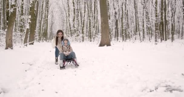 Divertimento Invernale Famiglia Nel Parco Madre Figlia Divertono All Aperto — Video Stock