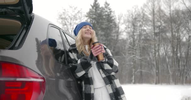 Smuk Ung Kvinde Udendørs Nærheden Hendes Røde Bil Vinteren Vinter – Stock-video