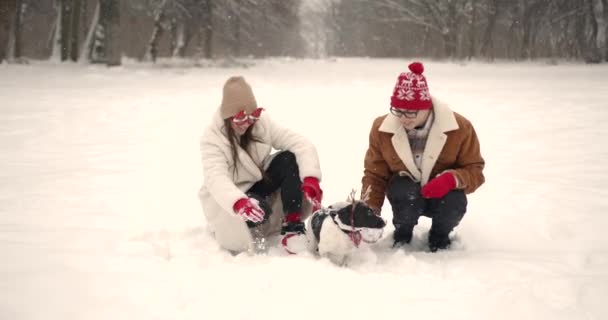 Irmãos Com Cão Engraçado Roupas Natal Divertir Floresta Temporada Inverno — Vídeo de Stock