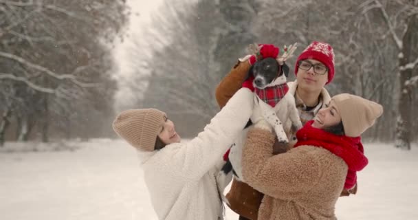 Irmãos Mãe Com Cão Engraçado Roupas Natal Divertir Floresta Temporada — Vídeo de Stock