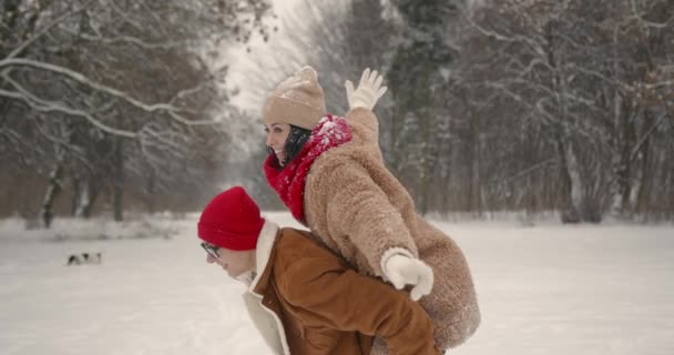 Matka Hospodářství Dcera Piggyback Zimním Lese — Stock video