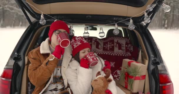 Різдвяна Прикрашена Машина Сидіння Сидять Багажнику Насолоджуючись Гарячими Напоями — стокове відео