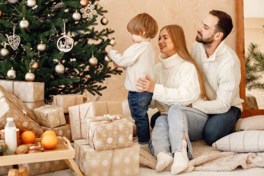 Anne ve baba oğullarıyla Noel ağacının yanında ışıklarla, hediyelerle sarılıp eğleniyorlar. Mutlu bir aile Noel 'i kutluyor. Anne, baba ve küçük çocuk beyaz süveter giyiyor..