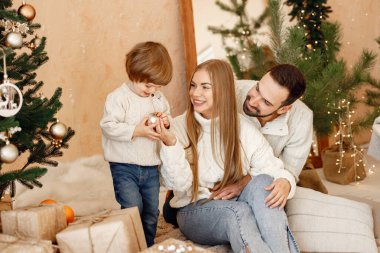 Anne ve baba oğullarıyla Noel ağacının yanında ışıklarla, hediyelerle sarılıp eğleniyorlar. Mutlu bir aile Noel 'i kutluyor. Anne, baba ve küçük çocuk beyaz süveter giyiyor..