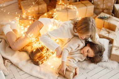 Genç anne ve kızı, köpekleri Yorkshire Teriyerleriyle birlikte Noel atmosferinde yerde yatıyorlardı. Kız ve annesi Noel ışıklarına sarılıp eğleniyorlar. Bej örgülü bir aile.