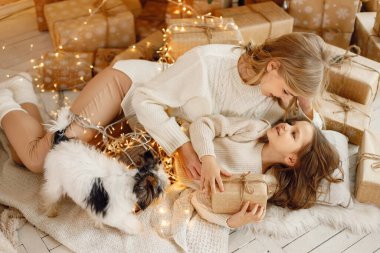 Genç anne ve kızı, köpekleri Yorkshire Teriyeri ile birlikte Noel atmosferinde yerde yatıyorlardı. Kız ve annesi Noel ışıklarına sarılıp eğleniyorlar. Bej örgülü giysiler giyen bir aile.