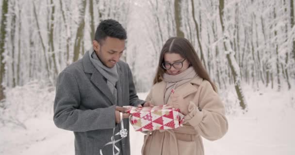 クリスマスプレゼントの交換 若いカップルは雪の森の贈り物と明るい箱を交換します 旅行のコンセプト — ストック動画