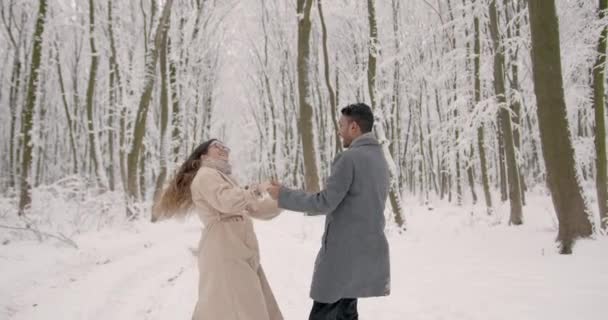 Boas Férias Inverno Jovem Casal Romântico Dia Inverno Nevado Conceito — Vídeo de Stock