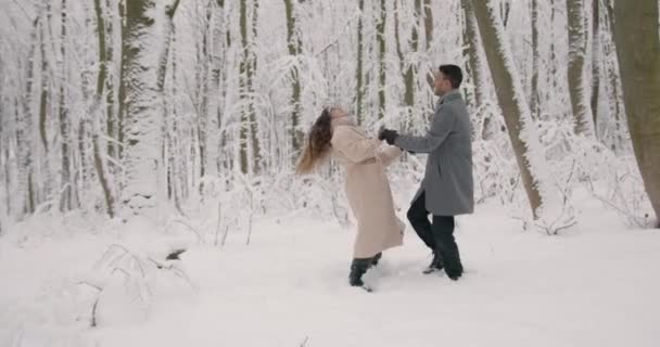 幸せな冬の休日 ロマンチックな若いカップル 冬の雪の日 クリスマスと休日のコンセプト 幸せなカップルは冬の森の背景を楽しんで — ストック動画