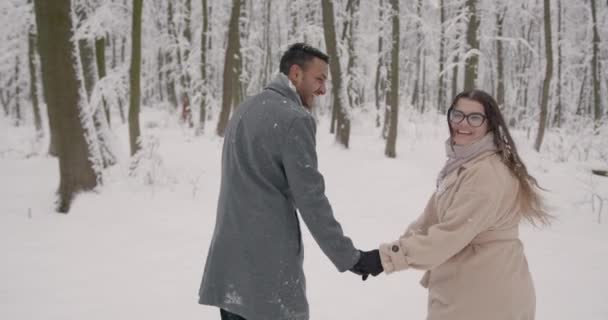 Glædelig Vinterferie Romantisk Ungt Par Snehvide Vinterdag Jul Ferie Koncept – Stock-video
