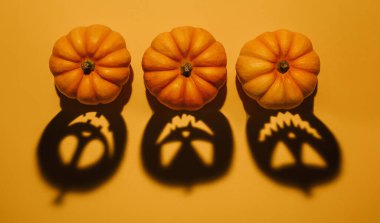 Cadılar Bayramı konsepti. Balkabağı Jack sinirli yüz gölgesi. Turuncu balkabağı kabağı kabağı kabuğunun ürkütücü gölgesi yakın plan, Cadılar Bayramı parti tasarımı