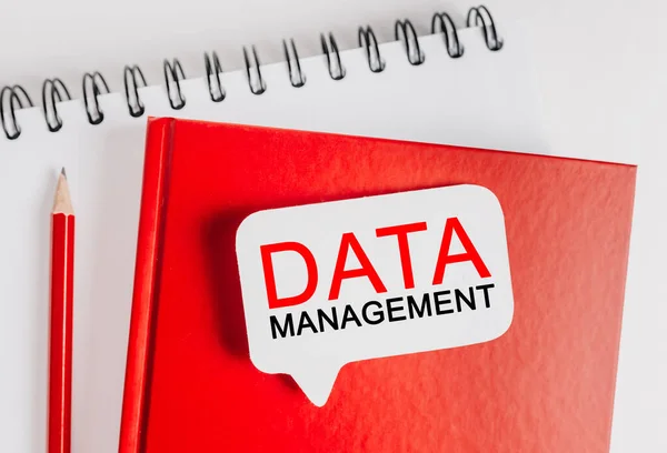 Ofis arkaplanlı beyaz bir çıkartma üzerinde DATA MANAGEMENT metni. Flat iş, finans ve kalkınma kavramına dayanır
