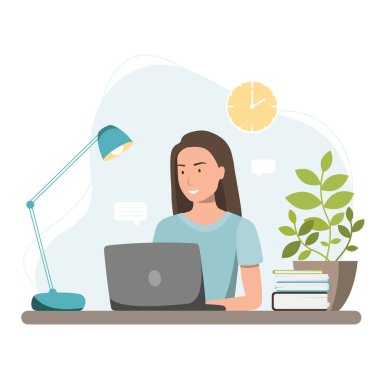 Bir kadın dizüstü bilgisayarda çalışıyor ve saat 14: 00 'te görevlere karar veriyor. Masada elinde lamba, bitki ve kitaplarla fikirleri düşünen bir kız. İş, bilişim, zaman ve proje yönetimi vektör illüstrasyon kavramı