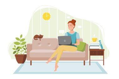 Uzaktan kumandayla çalışan ve iş konusunda karar veren bir kadın. Kızıl saçlı bir kız evdeki bir kanepede bir kediyle oturuyor. Samimi bir oda. Serbest ya da öğrenim kavramı