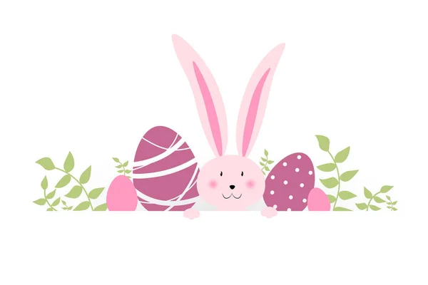 Happy Easter Kartka Pozdrowieniami Królików Jaj Gałązek Wiosennych Kolorze Różowym — Wektor stockowy