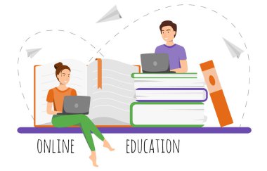 Çevrimiçi eğitimin temsilcisi. Şirin kız ve erkek kitap yığınının üzerinde oturuyor ve internette dizüstü bilgisayarla ders alıyorlar. Öğretim, evde eğitim ve e öğrenim konsepti düz çizim