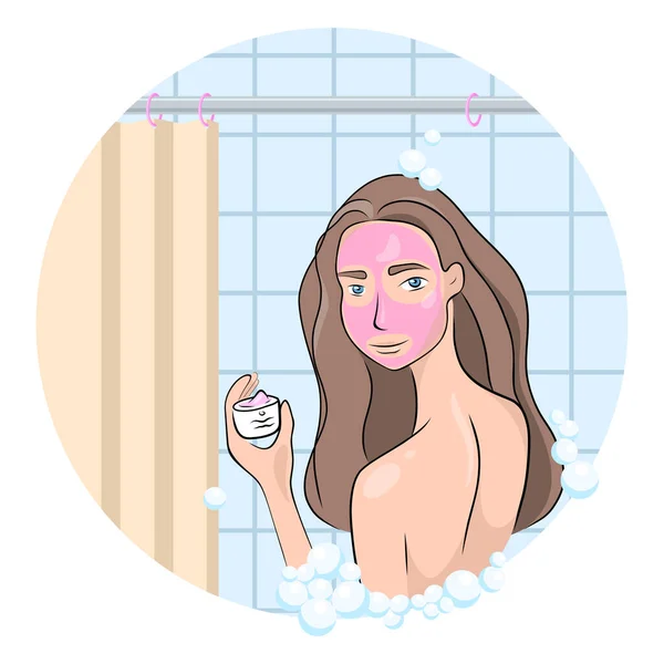 顔にマスクをした若い美しい女性 少女は泡でシャワーに立っている 美しさとボディケアの概念 自宅でのスパ リラクゼーション — ストックベクタ