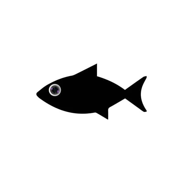 Vector Black Fish Met Camera Lens Eye Witte Achtergrond Geïsoleerd — Stockvector