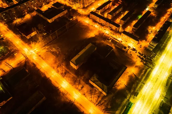 night glowing city, drone view