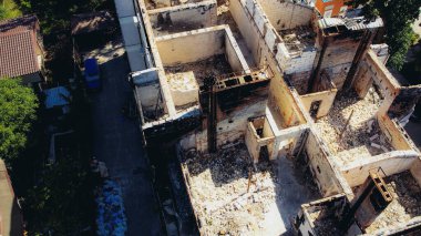 a house destroyed by shells in irpen, view from a drone
