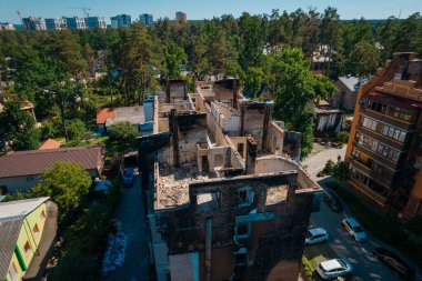 a house destroyed by shells in irpen, view from a drone