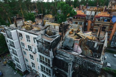a house destroyed by shells in irpen, view from a drone