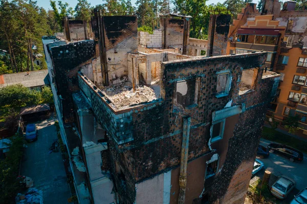 a house destroyed by shells in irpen, view from a drone