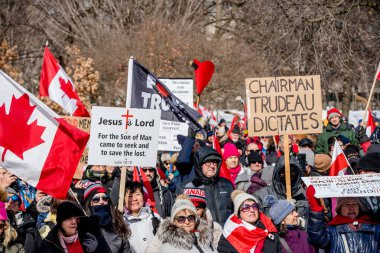 6 Şubat 2022 Toronto Anti Vax protestosu Queens Park 'ta. Kamyon konvoyu protestocuları, zorunlu olmayan gösterilerle dayanışma içinde olmak üzere arka arkaya ikinci hafta sonu için Queen 's Park, Toronto' da toplandılar.. 