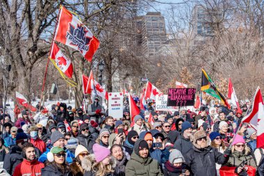 6 Şubat 2022 Toronto Anti Vax protestosu Queens Park 'ta. Kamyon konvoyu protestocuları, zorunlu olmayan gösterilerle dayanışma içinde olmak üzere arka arkaya ikinci hafta sonu için Queen 's Park, Toronto' da toplandılar.. 