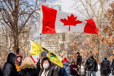 6 Şubat 2022 Toronto Anti Vax protestosu Queens Park 'ta. Kamyon konvoyu protestocuları, zorunlu olmayan gösterilerle dayanışma içinde olmak üzere arka arkaya ikinci hafta sonu için Queen 's Park, Toronto' da toplandılar.. 