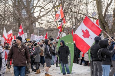 6 Şubat 2022 Toronto Anti Vax protestosu Queens Park 'ta. Kamyon konvoyu protestocuları, zorunlu olmayan gösterilerle dayanışma içinde olmak üzere arka arkaya ikinci hafta sonu için Queen 's Park, Toronto' da toplandılar.. 