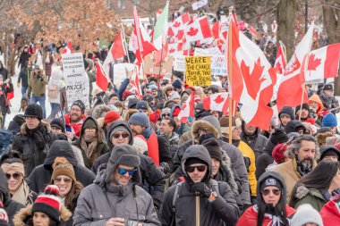 6 Şubat 2022 Toronto Anti Vax protestosu Queens Park 'ta. Kamyon konvoyu protestocuları, zorunlu olmayan gösterilerle dayanışma içinde olmak üzere arka arkaya ikinci hafta sonu için Queen 's Park, Toronto' da toplandılar.. 