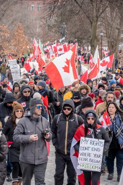 6 Şubat 2022 Toronto Anti Vax protestosu Queens Park 'ta. Kamyon konvoyu protestocuları, zorunlu olmayan gösterilerle dayanışma içinde olmak üzere arka arkaya ikinci hafta sonu için Queen 's Park, Toronto' da toplandılar.. 