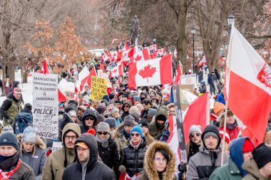 6 Şubat 2022 Toronto Anti Vax protestosu Queens Park 'ta. Kamyon konvoyu protestocuları, zorunlu olmayan gösterilerle dayanışma içinde olmak üzere arka arkaya ikinci hafta sonu için Queen 's Park, Toronto' da toplandılar.. 