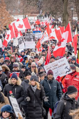 6 Şubat 2022 Toronto Anti Vax protestosu Queens Park 'ta. Kamyon konvoyu protestocuları, zorunlu olmayan gösterilerle dayanışma içinde olmak üzere arka arkaya ikinci hafta sonu için Queen 's Park, Toronto' da toplandılar.. 