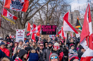6 Şubat 2022 Toronto Anti Vax protestosu Queens Park 'ta. Kamyon konvoyu protestocuları, zorunlu olmayan gösterilerle dayanışma içinde olmak üzere arka arkaya ikinci hafta sonu için Queen 's Park, Toronto' da toplandılar.. 