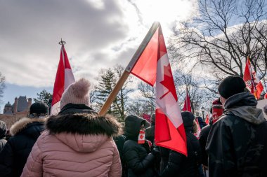 6 Şubat 2022 Toronto Anti Vax protestosu Queens Park 'ta. Kamyon konvoyu protestocuları, zorunlu olmayan gösterilerle dayanışma içinde olmak üzere arka arkaya ikinci hafta sonu için Queen 's Park, Toronto' da toplandılar.. 