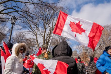 6 Şubat 2022 Toronto Anti Vax protestosu Queens Park 'ta. Kamyon konvoyu protestocuları, zorunlu olmayan gösterilerle dayanışma içinde olmak üzere arka arkaya ikinci hafta sonu için Queen 's Park, Toronto' da toplandılar.. 