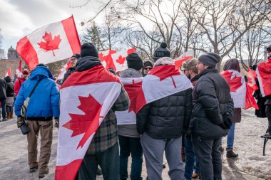 6 Şubat 2022 Toronto Anti Vax protestosu Queens Park 'ta. Kamyon konvoyu protestocuları, zorunlu olmayan gösterilerle dayanışma içinde olmak üzere arka arkaya ikinci hafta sonu için Queen 's Park, Toronto' da toplandılar.. 