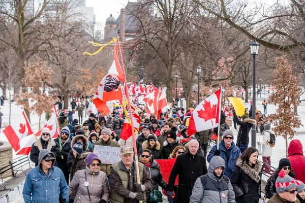 Şubat 2022 Toronto Vax Protestosu Queens Park Kamyon Konvoyu Protestocuları — Stok fotoğraf