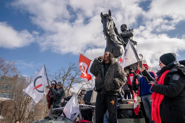 Février 2022 Manifestation Vax Toronto Queens Park Des Manifestants Convoi — Photo