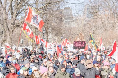 6 Şubat 2022 Toronto Anti Vax protestosu Queens Park 'ta. Kamyon konvoyu protestocuları, zorunlu olmayan gösterilerle dayanışma içinde olmak üzere arka arkaya ikinci hafta sonu için Queen 's Park, Toronto' da toplandılar.. 