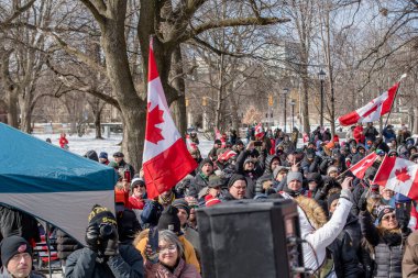 6 Şubat 2022 Toronto Anti Vax protestosu Queens Park 'ta. Kamyon konvoyu protestocuları, zorunlu olmayan gösterilerle dayanışma içinde olmak üzere arka arkaya ikinci hafta sonu için Queen 's Park, Toronto' da toplandılar.. 