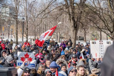 6 Şubat 2022 Toronto Anti Vax protestosu Queens Park 'ta. Kamyon konvoyu protestocuları, zorunlu olmayan gösterilerle dayanışma içinde olmak üzere arka arkaya ikinci hafta sonu için Queen 's Park, Toronto' da toplandılar.. 