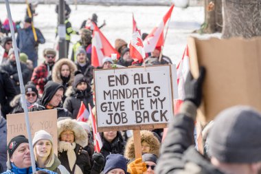 6 Şubat 2022 Toronto Anti Vax protestosu Queens Park 'ta. Kamyon konvoyu protestocuları, zorunlu olmayan gösterilerle dayanışma içinde olmak üzere arka arkaya ikinci hafta sonu için Queen 's Park, Toronto' da toplandılar.. 